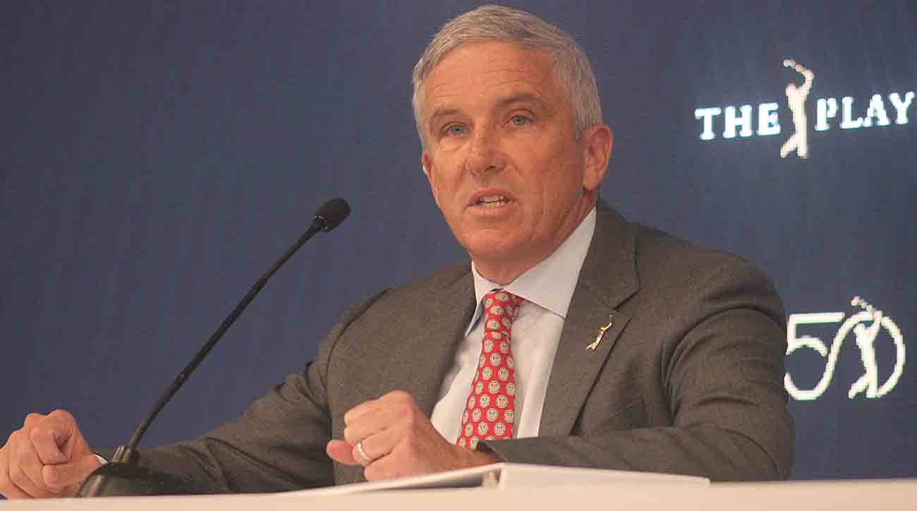 PGA Tour commissioner Jay Monahan speaks prior to the 2024 Players Championship in Ponte Vedra Beach, Fla.